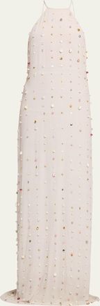Bernadette Embellished Crinkled Viscose Halter Maxi Dress