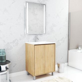 Aurlane Aurlane - Pack Mueble De Ba&ntilde;o 60cm Roble Claro 2 Puertas, Lavabo, Espejo 60x80 Con Luz Led Integrada