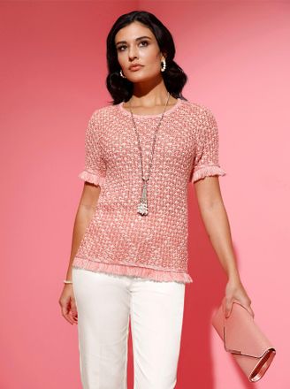 Cr&eacute;ation L Kurzarmpullover CREATION L Pullover, Damen, Gr. 38, pink (flamingo, ecru, gemustert), 80% Polyacryl, 20% Baumwolle, gemustert, Pullover Kurzarmpullove