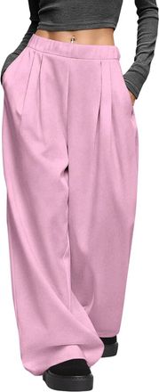 Generic Trousers for Women UK Casual Wide Leg Pleated Trousers with Pockets Solid Color Elastic Waist Pants Loose Lightweight Breathable Daily Wear Going Out 