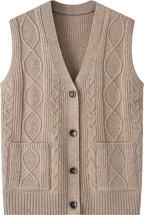 Generic Womens Knitted Waistcoat Vest - V Neck Button down Cardigan Gilet, Cable Knit Sleeveless Jumper with Pockets, Casual Loose Fit Pullover Top, Autumn Wi