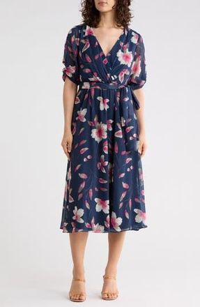 DKNY Print Faux Wrap Midi Dress in Indigo Multi at Nordstrom Rack, Size 12
