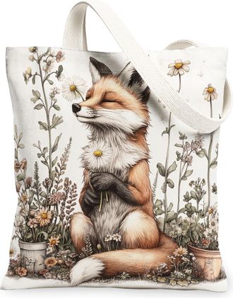 Generic Spring Fox Canvas Tote Bag for Shopping 13x15, Farmhouse Country Animal Reusable Grocery Print Bag for Women, Farm Wildflower Beach Aesthetic Painting