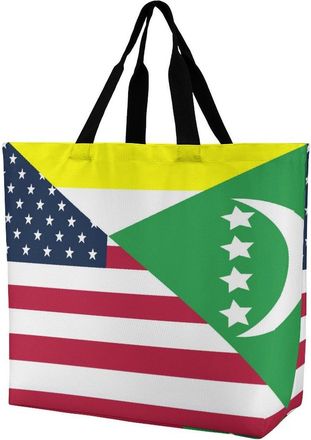 Generic U.S. And Comoros Flag Reusable Shopping Bags Large Capacity Grocery Bag Heavy Duty Tote for Women 40x40x16cm