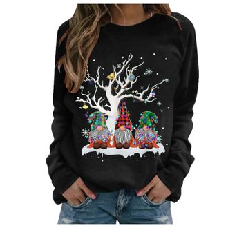 Generic Christmas Jumpers For Women Elf Shirts Funny Gnome Doll Print Pullover Cute Long Sleeve Crewneck Hoodies Ladies Christmas Sweatshirt Tops Xmas Loose P