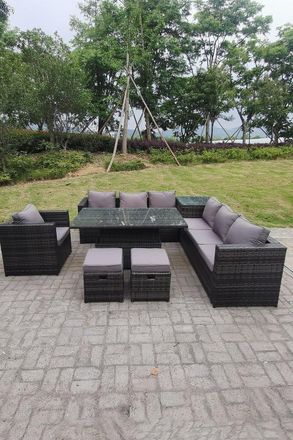 Fimous 9 Seater PE Rattan Corner Sofa Set Rising Adjustable Dining Table Set High Side Coffee Table in Dark Grey
