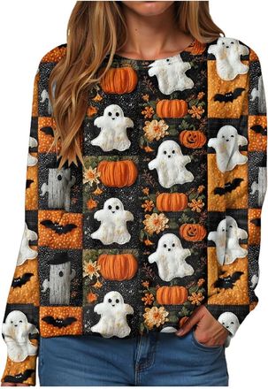 Generic Halloween Sweatshirt Women Sweatshirts for Women Womens Fashion Casual Letter Halloween Printed Round Neck Long Sleeve Top Sweatshirt Oversized Plus S