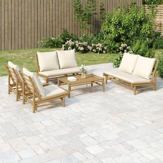 vidaXL Set De Muebles De Jard&iacute;n 5 Piezas Bamb&uacute; Y Cojines Blanco Crema Vidaxl