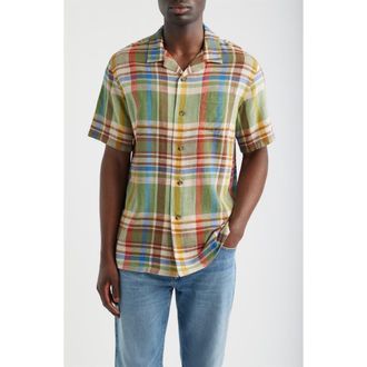 Pendleton Plaid Linen Blend Camp Shirt in Green Multi Plaid at Nordstrom, Size Xx-Large