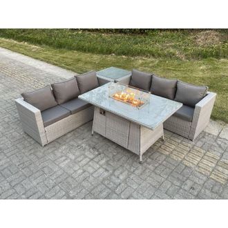 Fimous Light Grey Corner Rattan Fire Pit Garden Furniture Set Gas Heater Burner Lounge Sofa Dining Table With Side Coffee Table - Fimous