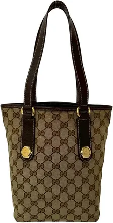 Gucci Brown Leather Canvas Handbag Shoulder Bag Tote Bag (Pre-Owned)