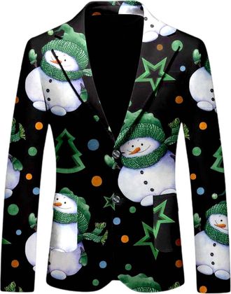Generic Mens Suit Christmas Snowflake Santa Print Pocket Lapel Button Suit Party Single Breasted Blazer Pattern Lightweight Pocket Suit Classic Jacket Mens Su