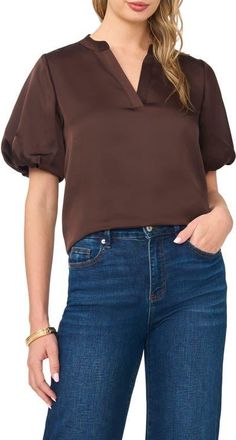 Vince Camuto Puff Sleeve Satin Top in Chocolate at Nordstrom, Size Xx-Small