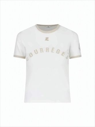 Courrèges Cropped White T-Shirt With Beige Logo And Trim
