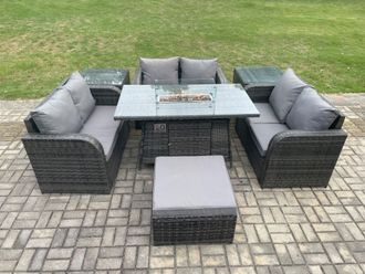 Fimous Rattan Outdoor Garden Furniture Sofa Set Gas Fire Pit Dining Table Gas Heater with 2 Side Tables Love Sofa Big Footstool in Dark Grey