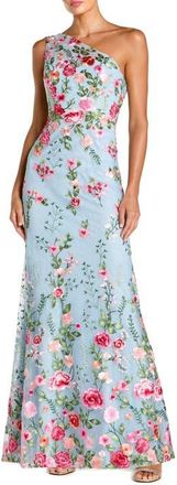 Mac Duggal One Shoulder Lace Embroidered Gown in Powder Blue Multi at Nordstrom, Size 12
