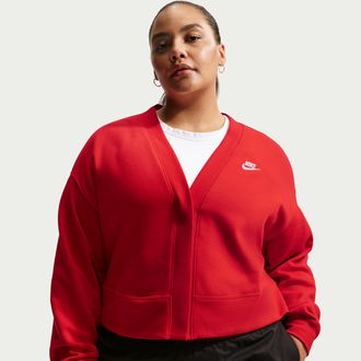 Nike Womens Nike Sportswear Club Fleece Loose Cardigan (Plus Size) in Red | IO6916-657