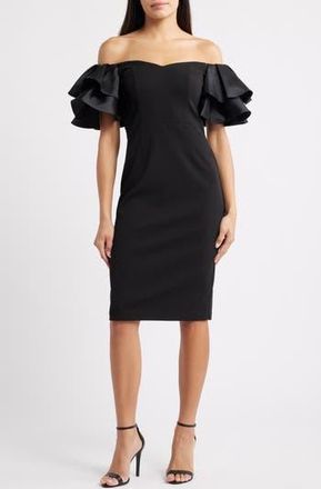 Eliza J Ruflle Sleeve Off the Shoulder Cocktail Sheath Dress in Black at Nordstrom Rack, Size 12