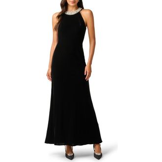 Adrianna Papell Beaded Neck Sleeveless Velvet Gown in Black at Nordstrom, Size 16