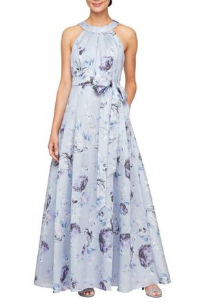 Alex Evenings Shimmer Tie Belt Organza Gown in Purple Multi at Nordstrom, Size 12P