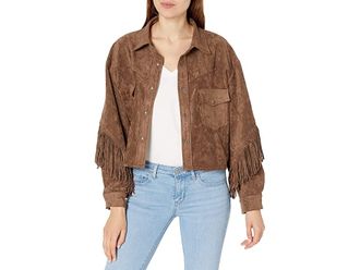 Blank NYC Faux Suede Fringe Shirt Jacket in Hot Cocoa Womens Clothing Hot Cocoa : SM, Polyester/Spandex