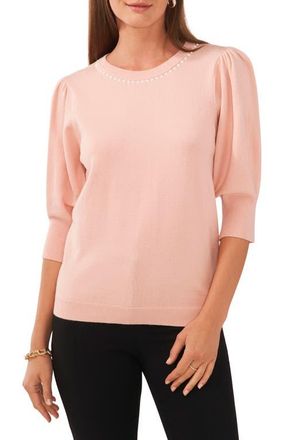 Chaus Beaded Collar Puff Sleeve Sweater in Misty Pink at Nordstrom, Size Small