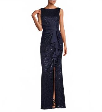 Eliza J Sequin Lace Boat Neck Sleeveless Ruffle Front Slit Long Gown In Blue