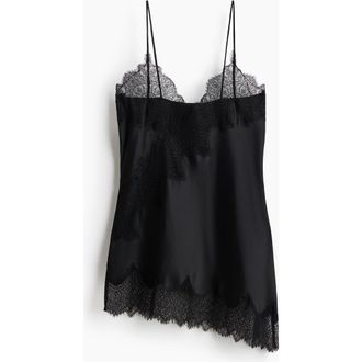 H&M Lace-trimmed Strappy Satin Top in Black at Nordstrom, Size X-Small