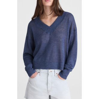 Madewell Arline Linen V-Neck Pullover in Petrol Navy at Nordstrom, Size Xx-Large