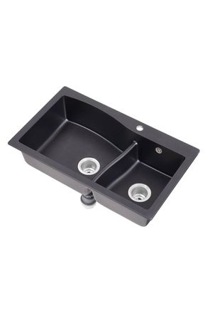 Living and Home Modern Double Bowl Quartz Resin Composite Kitchen Sink with Waste Kit in Black
