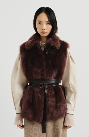Brunello Cucinelli Lux shearling vest with nappa leather belt and monili in Burgundy at Nordstrom, Size 46