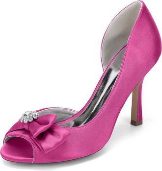 Generic Wedding Heels Womens Rhinestones Bridal Shoes Peep Toe Stiletto Pumps Satin Evening Party Prom Dress Pumps 9.5Cm,Fuchsia,10 UK