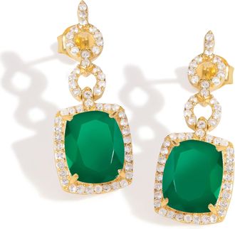 Tiramisu 14K Gold Plated Over 925 Sterling Silver Green Onyx Halo Drop Earrings