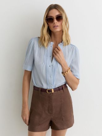 Reiss Light Blue Cotton Cheesecloth Frill-neck Top, 16