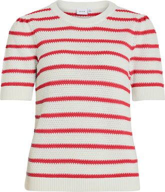 Vila Kurzarmpullover VILA VIDALO O-NECK S/S STRIPE KNIT-NOOS, Damen, Gr. XXL, wei&szlig; alyssum stripes:hibiscus, Strick, Obermaterial: 100% Baumwolle, gestreif