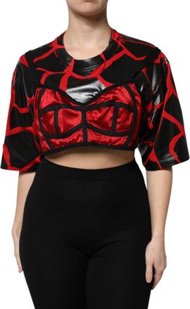 Dolce & Gabbana Womens Red Black Cotton Bustier Detailing Cropped Top And