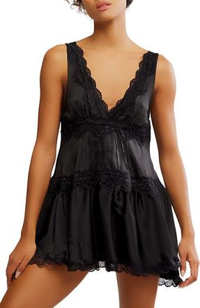 Free People Lace Trim Satin Mini Slipdress in Washed Black at Nordstrom, Size X-Small
