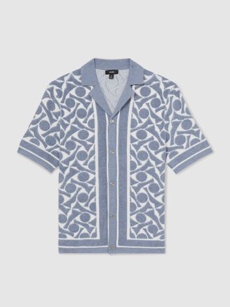Reiss Soft Blue & white Abstract Pattern Towelling Shirt, S