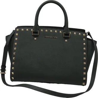 Michael Kors Selma Medium Studded Satchel Bag in Green Leather