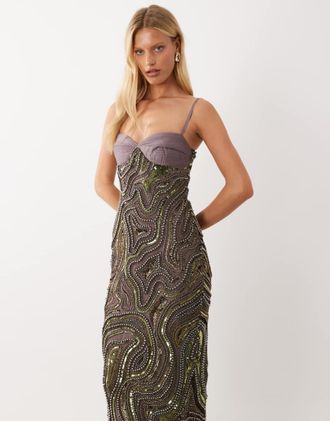 Asos vestito midi con perline metallizzate e bustino in raso color antracite-Grigio
