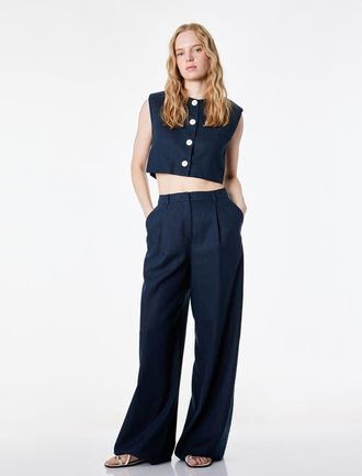 Koton Mid-Rise Wide Leg Trousers in Navy Blue at Nordstrom, Size 10