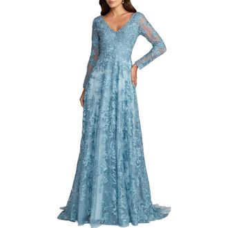 Mac Duggal Womens Embellished Illusion V-Neck Long Sleeve A-Line Gown in French Blue at Nordstrom, Size 18