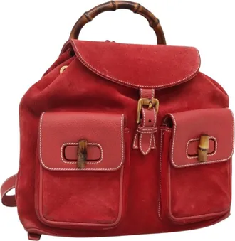 Gucci Bamboo Tassel Backpack Suede Red Suede Backpack Bag (Pre-Owned)