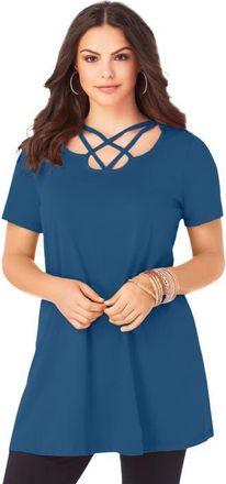 Roaman's Ultimate Lattice Neck Short Sleeve Tunic in Peacock Teal at Nordstrom, Size 16
