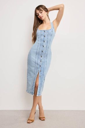Good American Button Front Midi Dress In Indigo