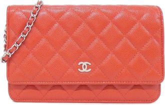 Chanel Red Color Grained Calfskin Chain/Shoulder Wallet (Pre-Owned)