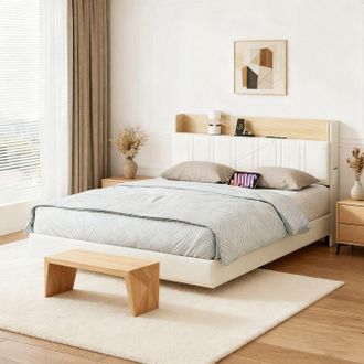 OEM Cama 140x190 Cm Boaqet, Cama Flotante De Pu Con Cabecera Y Somier De Lamas, Usb Y Led, Cama Para Adultos Para 2 Personas, Blanca