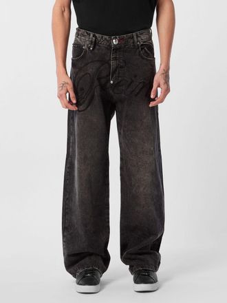 Philipp Plein Jeans a gamba larga in denim con logo ricamato tono su tono