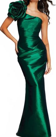 Jovani One-Shoulder Gown With Large Floral Accent In Hunter Green