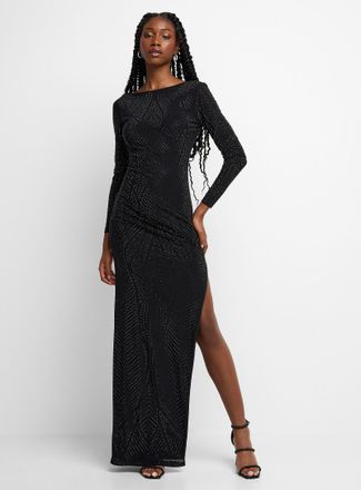 Icone Womens Tone-on-tone crystals long black dress